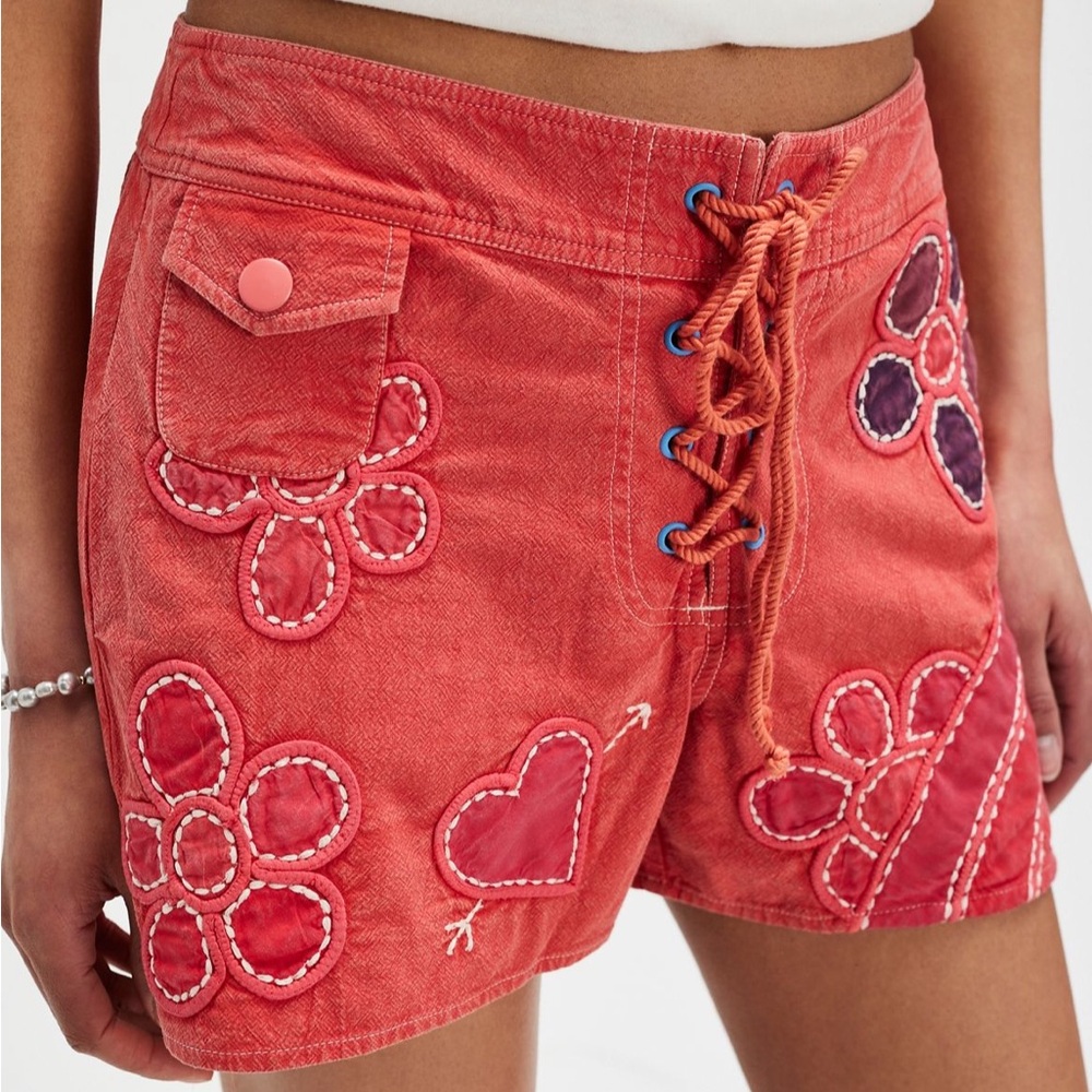 Free People Coral Floral Lace-Up Shorts